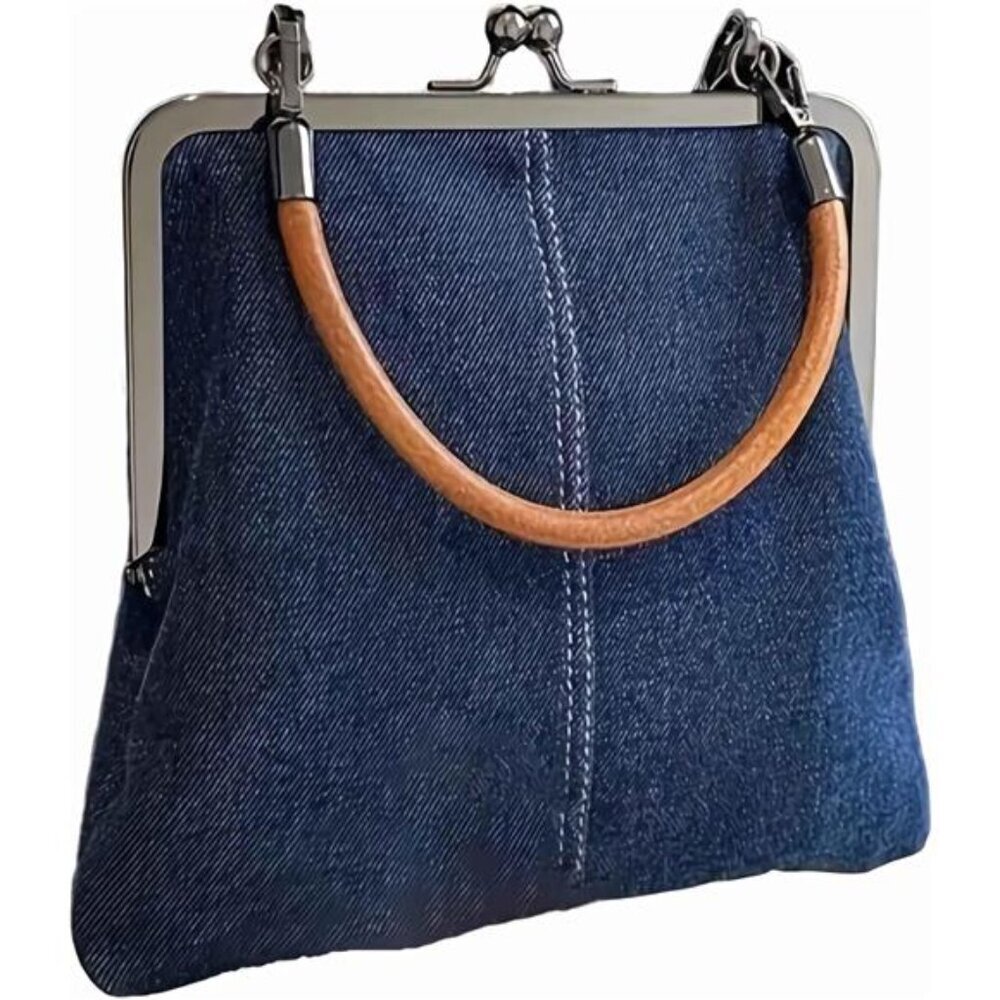 Denim Crossbody Tote Bags For Women, Mini Blue Denim Totebag Kiss Lock Purses - Picture 1 of 7